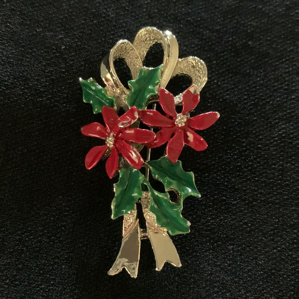 Poinsettia And Gold Tone Bow-Christmas Holiday Brooch